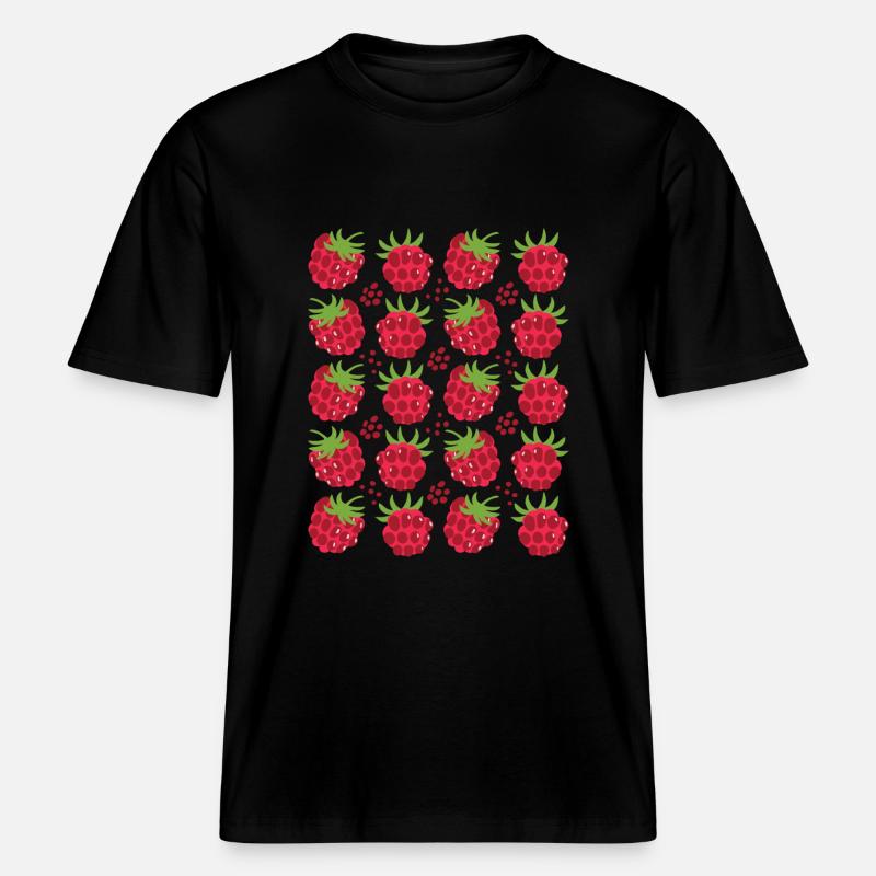 Raspberry Berries Fruit Pattern -  RELAXED FIT Unisex Organic T-Shirt - black