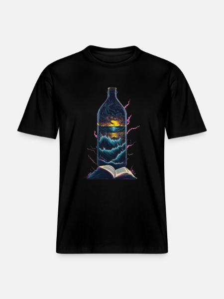 Books Reading Bottle Beach Motif -  RELAXED FIT Unisex Organic T-Shirt - black
