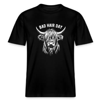 Schottisches Hochlandrind - Spruch - Bad Hair Day -  RELAXED FIT Unisex Organic T-Shirt - Schwarz - Vorne - Alina (178cm) & Michal (187cm)