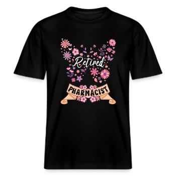 Retraitée Femme Pharmacienne Retraite -  T-shirt unisexe RELAXED FIT en coton bio - noir - Devant - Alina (178cm) & Michal (187cm)
