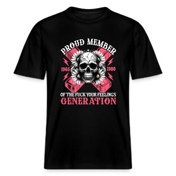 Frau Totenkopf Humor Generation X -  RELAXED FIT Unisex Organic T-Shirt - Schwarz - Vorne - Alina (178cm) & Michal (187cm)