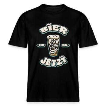 BRASSER. ÉQUIPAGE | Dans la bière et maintenant! --- T-shirt à la bière -  T-shirt unisexe RELAXED FIT en coton bio - noir - Devant - Alina (178cm) & Michal (187cm)