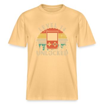 Level 14 freigeschaltet -  RELAXED FIT Unisex Organic T-Shirt - Hellgelb - Vorne - Alina (178cm) & Michal (187cm)