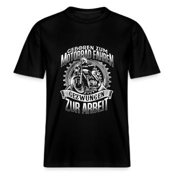 Motorrad Biker Chopper Geboren Arbeit -  RELAXED FIT Unisex Organic T-Shirt - Schwarz - Vorne - Alina (178cm) & Michal (187cm)