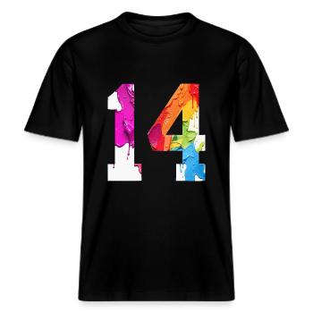 FARBIG NUMMER 14 BUNT 14. GEBURTSTAG -  RELAXED FIT Unisex Organic T-Shirt - Schwarz - Vorne - Alina (178cm) & Michal (187cm)