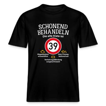 39. Geburtstag Schonend Behandeln 39 Alte Kiste 39 -  RELAXED FIT Unisex Organic T-Shirt - Schwarz - Vorne - Alina (178cm) & Michal (187cm)