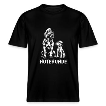 Wie nennt man Hunde mit Hut? Hütehunde Cartoon -  RELAXED FIT Unisex Organic T-Shirt - Schwarz - Vorne - Alina (178cm) & Michal (187cm)