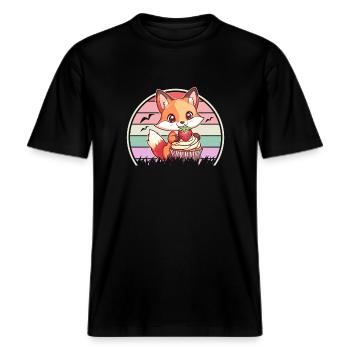 Fuchs Erdbeer Cupcake Kawaii Mädchen Geschenk -  RELAXED FIT Unisex Organic T-Shirt - Schwarz - Vorne - Alina (178cm) & Michal (187cm)