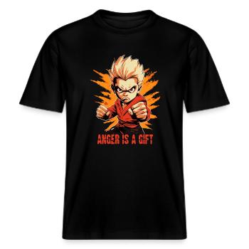 Un petit garçon d’arts martiaux en colère se défend -  T-shirt unisexe RELAXED FIT en coton bio - noir - Devant - Alina (178cm) & Michal (187cm)