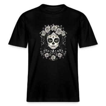 Beau visage d’une femme, crâne de sucre -  T-shirt unisexe RELAXED FIT en coton bio - noir - Devant - Alina (178cm) & Michal (187cm)