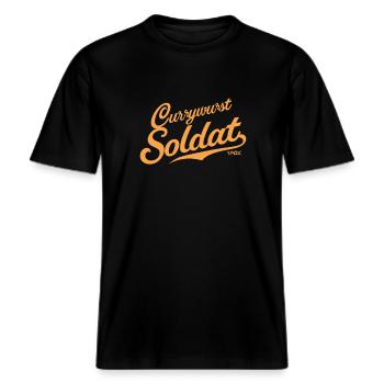 Currywurst-Soldat -  RELAXED FIT Unisex Organic T-Shirt - Schwarz - Vorne - Alina (178cm) & Michal (187cm)