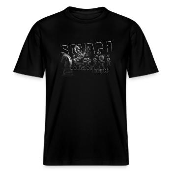Schach Motiv, Springer schlägt König schachmatt -  RELAXED FIT Unisex Organic T-Shirt - Schwarz - Vorne - Alina (178cm) & Michal (187cm)