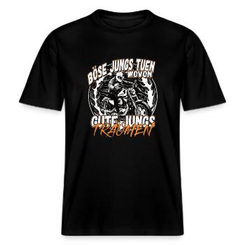 Böse Jungs tuen wovon gute Jungs träumen -  RELAXED FIT Unisex Organic T-Shirt - Schwarz - Vorne - Alina (178cm) & Michal (187cm)