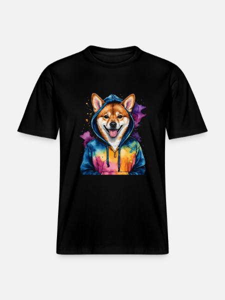 Shiba Inu hættetrøje hund sjovt dyr design print -  Økologisk unisex T-shirt RELAXED FIT - sort