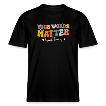 Logopäde Logopädie Sprachtherapie -  RELAXED FIT Unisex Organic T-Shirt - Schwarz - Vorne - Alina (178cm) & Michal (187cm)