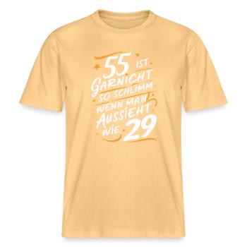 Geburtstagsgeschenk 55 Jahre Geburtstagskind -  RELAXED FIT Unisex Organic T-Shirt - Hellgelb - Vorne - Alina (178cm) & Michal (187cm)