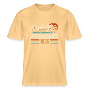 Vintage Born February 1935 89th Birthday Gift -  RELAXED FIT Unisex Organic T-Shirt - washed yellow - Front - Alina (178cm) & Michal (187cm)