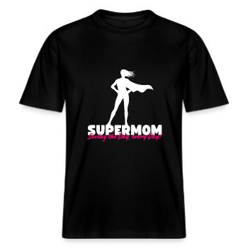Supermom - Saving the Day, Every Day! -  RELAXED FIT Unisex Organic T-Shirt - Schwarz - Vorne - Alina (178cm) & Michal (187cm)