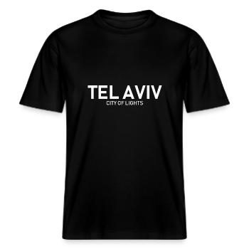 Tel Aviv - City of Lights - Israel -  RELAXED FIT Unisex Organic T-Shirt - Schwarz - Vorne - Alina (178cm) & Michal (187cm)