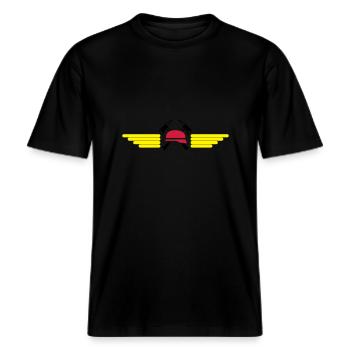 Fire helmet, ax and Wings -  RELAXED FIT Unisex Organic T-Shirt - black - Front - Alina (178cm) & Michal (187cm)
