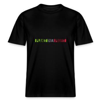 planet over profit Zitat -  RELAXED FIT Unisex Organic T-Shirt - Schwarz - Vorne - Alina (178cm) & Michal (187cm)