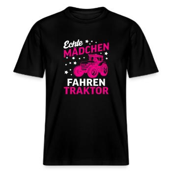 Echte Mädchen Fahren Traktor -  RELAXED FIT Unisex Organic T-Shirt - Schwarz - Vorne - Alina (178cm) & Michal (187cm)