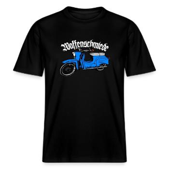 Simson Schwalbe Moped DDR Moped -  RELAXED FIT Unisex Organic T-Shirt - Schwarz - Vorne - Alina (178cm) & Michal (187cm)