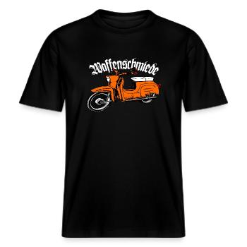 Simson Schwalbe Moped DDR Moped -  RELAXED FIT Unisex Organic T-Shirt - Schwarz - Vorne - Alina (178cm) & Michal (187cm)