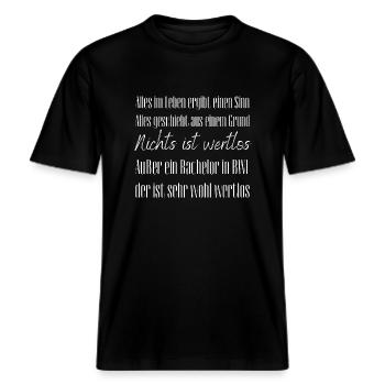 Nichts ist wertlos - außer ein Bachelor in BWL -  RELAXED FIT Unisex Organic T-Shirt - Schwarz - Vorne - Alina (178cm) & Michal (187cm)