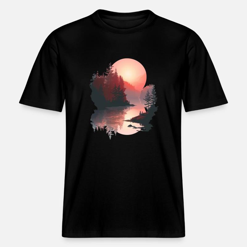 Sunset Reflection Forest Scene - RELAXED FIT Unisex Organic T-Shirt - black