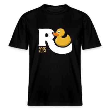 Rente Ente 2025 - Ruhestand - Pension -  RELAXED FIT Unisex Organic T-Shirt - Schwarz - Vorne - Alina (178cm) & Michal (187cm)