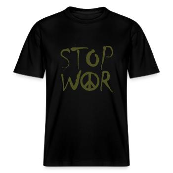 STOP WAR with Peace Sign Peace Symbol – NO WAR -  RELAXED FIT Unisex Organic T-Shirt - black - Front - Alina (178cm) & Michal (187cm)