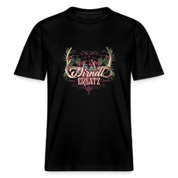 Dirndl Ersatz Tracht Hirsch und Rosen -  RELAXED FIT Unisex Organic T-Shirt - Schwarz - Vorne - Alina (178cm) & Michal (187cm)