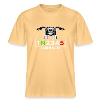 Motorcycle motor-biker Motorcyclist Motorcycle Tour -  RELAXED FIT Unisex Organic T-Shirt - washed yellow - Front - Alina (178cm) & Michal (187cm)