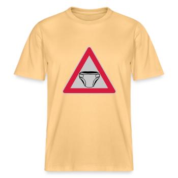 Caution Shield Diaper -  RELAXED FIT Unisex Organic T-Shirt - washed yellow - Front - Alina (178cm) & Michal (187cm)