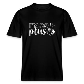 Ich bin 39 plus 1, Mittelfinger 40. Geburtstag -  RELAXED FIT Unisex Organic T-Shirt - Schwarz - Vorne - Alina (178cm) & Michal (187cm)
