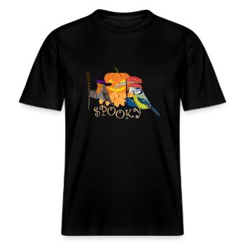 Rotkehlchen Blaumeise Herbst Vogel Halloween -  RELAXED FIT Unisex Organic T-Shirt - Schwarz - Vorne - Alina (178cm) & Michal (187cm)