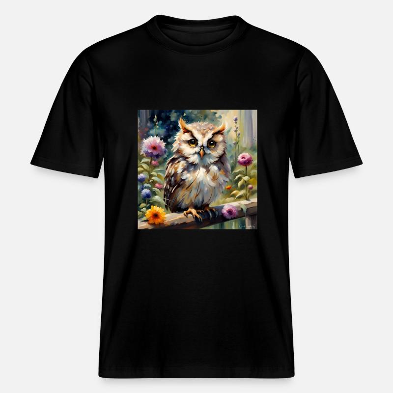 Süße Eule mit Blumen -  RELAXED FIT Unisex Organic T-Shirt - Schwarz
