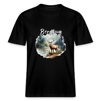 Hirsch Bergbua Hirsch Geschenk Dorffest Wandern -  RELAXED FIT Unisex Organic T-Shirt - Schwarz - Vorne - Alina (178cm) & Michal (187cm)