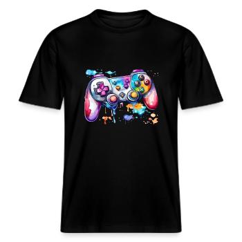 Watercolor Gamepad -  RELAXED FIT Unisex Organic T-Shirt - black - Front - Alina (178cm) & Michal (187cm)