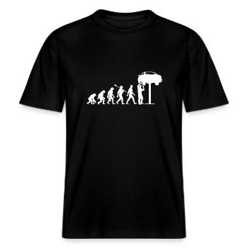Evolution - Auto - KFZ Mechaniker - Schrauber -  RELAXED FIT Unisex Organic T-Shirt - Schwarz - Vorne - Alina (178cm) & Michal (187cm)