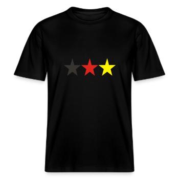sterne schwarz rot gold -  RELAXED FIT Unisex Organic T-Shirt - Schwarz - Vorne - Alina (178cm) & Michal (187cm)