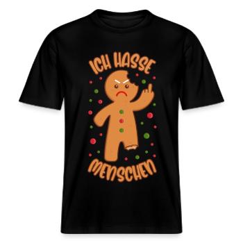 Lebkuchenmann Ich hasse Menschen Lustige Sprüche -  RELAXED FIT Unisex Organic T-Shirt - Schwarz - Vorne - Alina (178cm) & Michal (187cm)