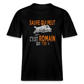 Romain c est romain qui tire Humour Chasseur -  T-shirt unisexe RELAXED FIT en coton bio - noir - Devant - Alina (178cm) & Michal (187cm)