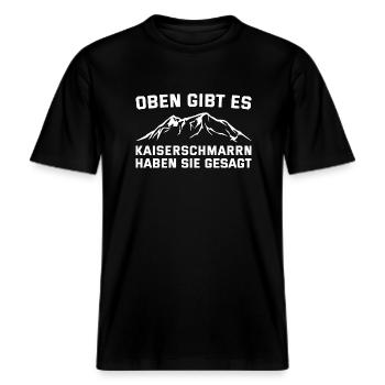 Wandern Oben gibt es Kaiserschmarrn Berge -  RELAXED FIT Unisex Organic T-Shirt - Schwarz - Vorne - Alina (178cm) & Michal (187cm)