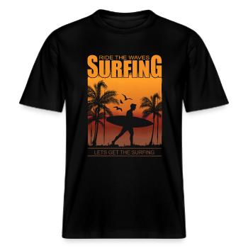 Surfer Wellenreiter - Surfing Ride the Waves -  RELAXED FIT Unisex Organic T-Shirt - Schwarz - Vorne - Alina (178cm) & Michal (187cm)