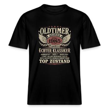 Oldtimer Baujahr 1985 Jahrgang Geburtstag Geschenk -  RELAXED FIT Unisex Organic T-Shirt - Schwarz - Vorne - Alina (178cm) & Michal (187cm)