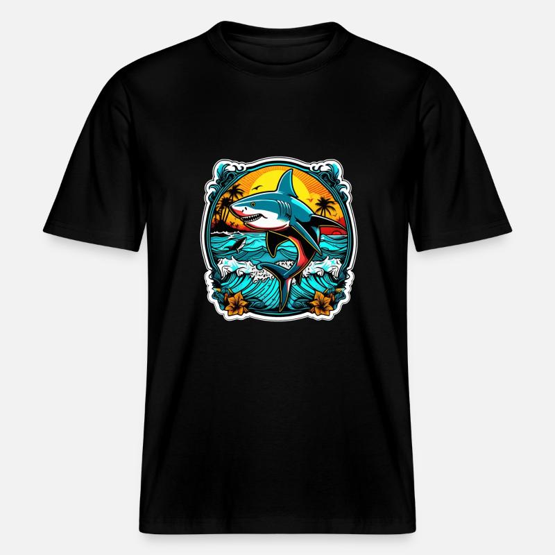 requin et coucher de soleil -  T-shirt unisexe RELAXED FIT en coton bio - noir