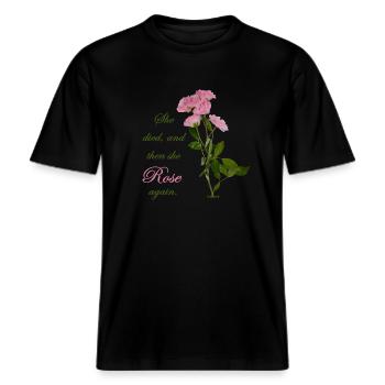 she died, and then she Rose again, NettsFetz -  RELAXED FIT Unisex Organic T-Shirt - Schwarz - Vorne - Alina (178cm) & Michal (187cm)