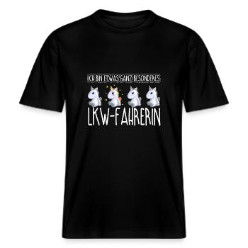 LKW-FAHRERIN - Toll -  RELAXED FIT Unisex Organic T-Shirt - Schwarz - Vorne - Alina (178cm) & Michal (187cm)